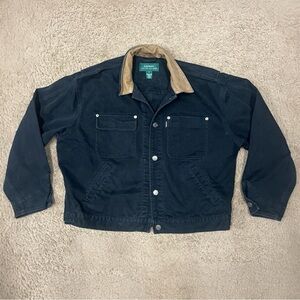 Lauren Ralph Lauren LG Black Denim Cropped Chore Jacket Contrast Leather Collar